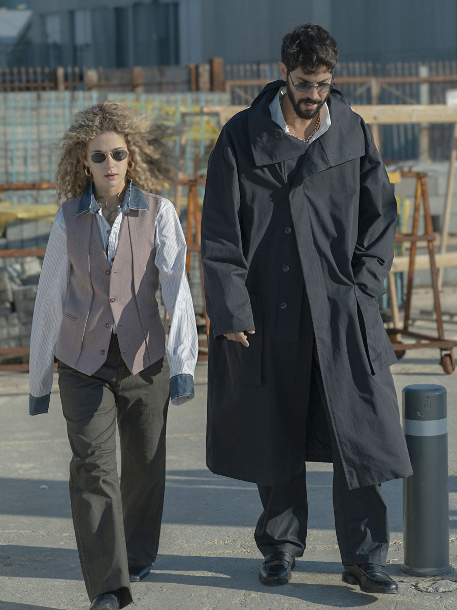 מעיל כותנה כחול כהה ארוך